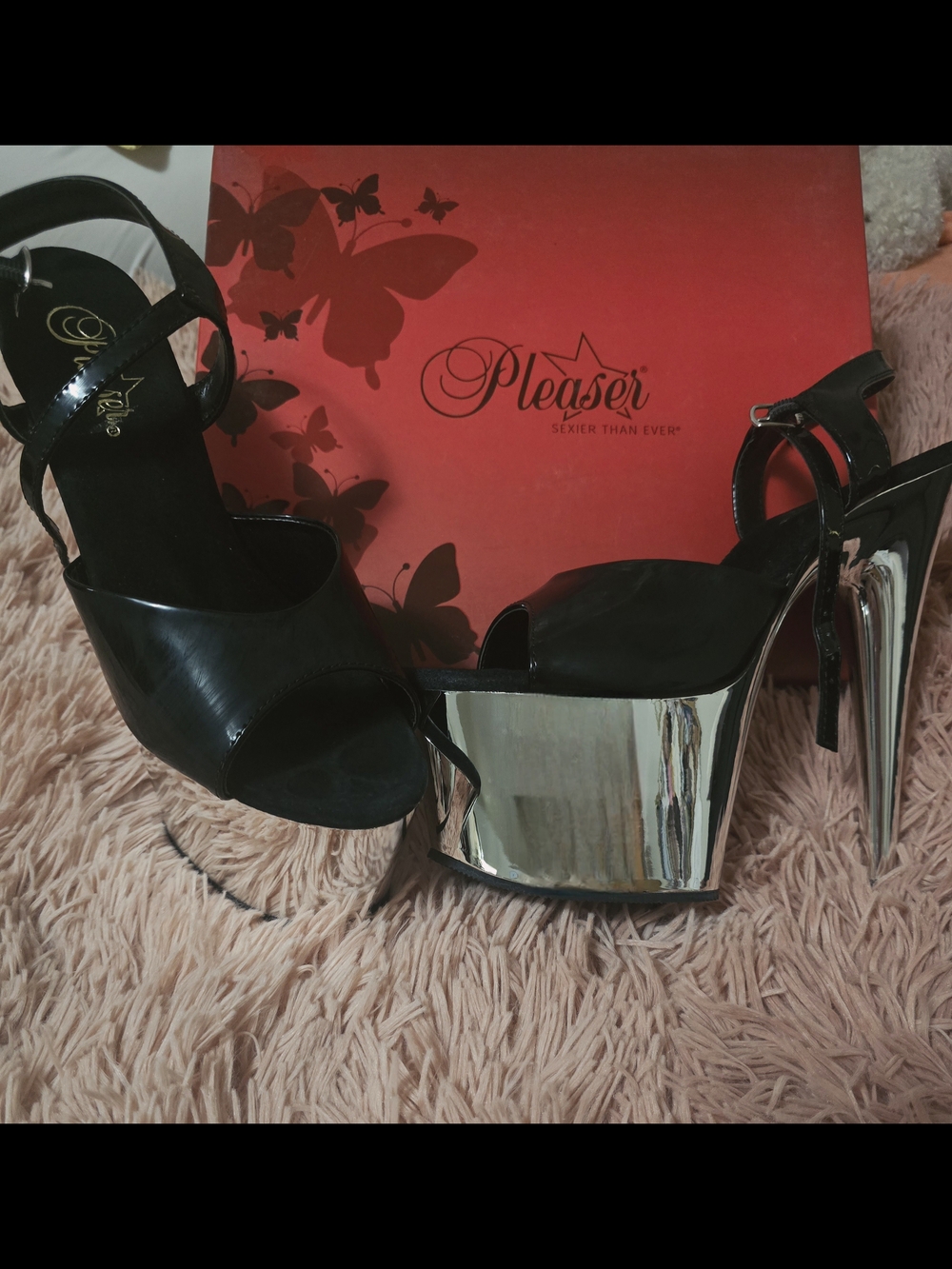 PLEASER Black and Chrome Exotic Dancer Platform Stiletto Sandals